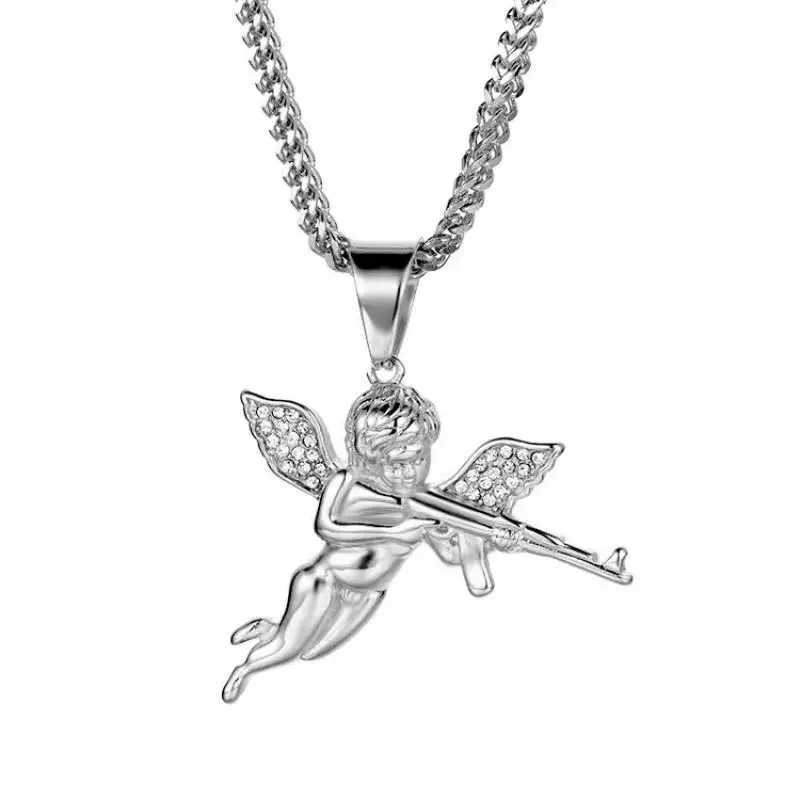 Revenge Angel Ak-47 submachine gun pendant with ice crystal zircon necklace suitable for couples hip-hop rock trends cool jewelry gifts Y250329