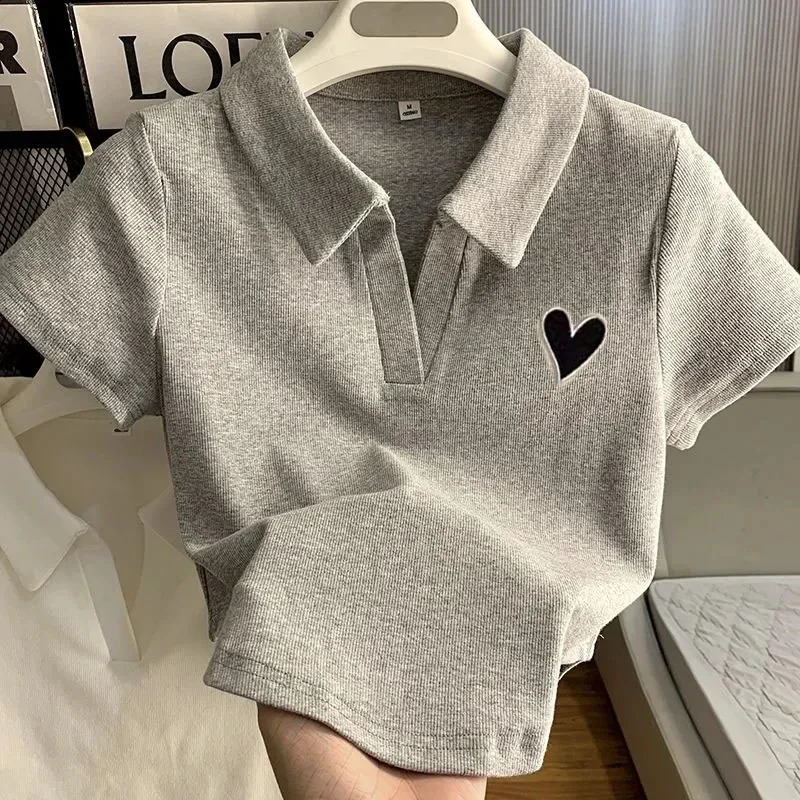 Loves Embroidery T-shirt Polo Collar Orthoshoulder Slim sweet Womens Crop Top Korean Fashion tie Simple Casual Wholesale250324
