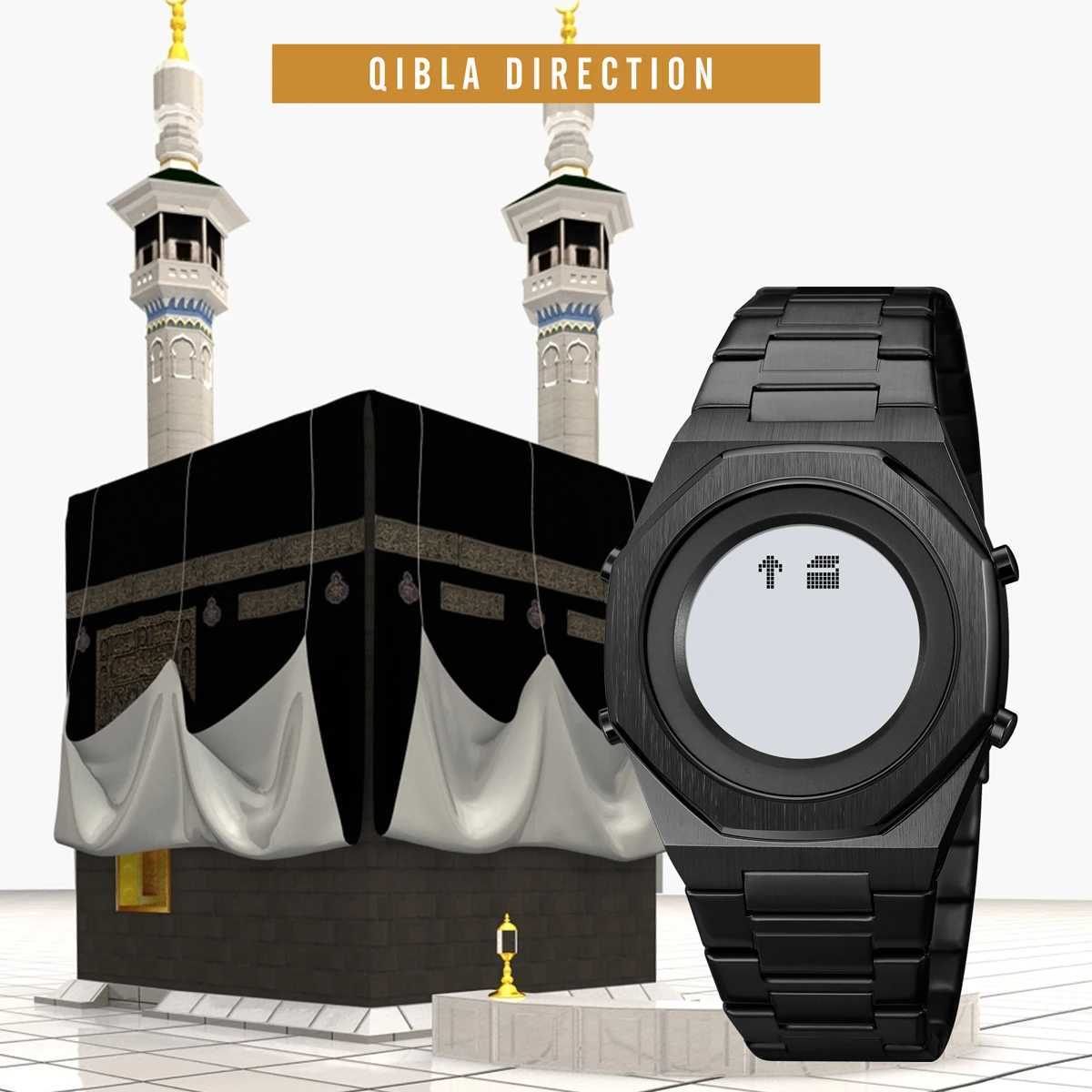 SKMEI Mens Stainless Steel Digital Electronic Islamic Watch Muslim Azan Mens Strap Zipura Compass W250329