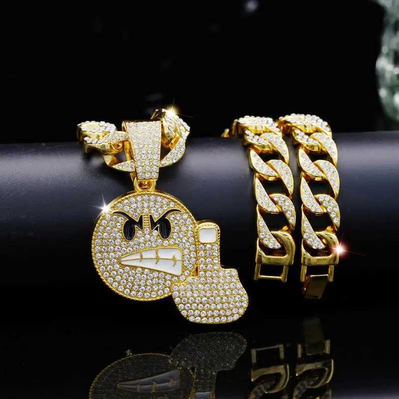 New anger emoji vertical middle finger emoji pendant with zircon personalized hip-hop trend necklace Y250329