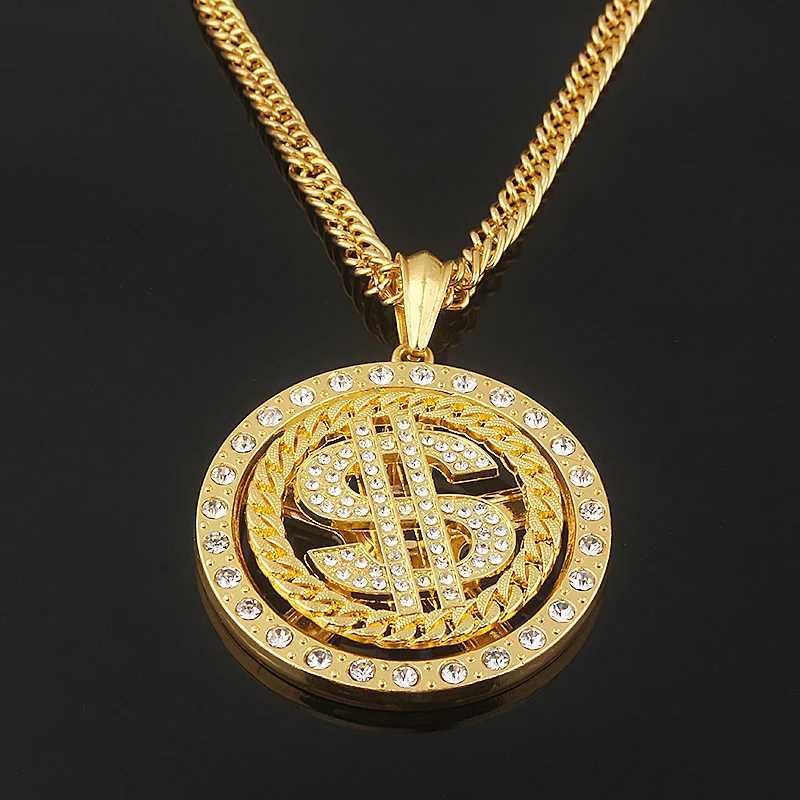 Large Rotating Dollar Coin Signature Pendant Necklace Mens Rap Singer Hip Hop Punk Long Chain Necklace Womens Statement Necklace Gift Y250329