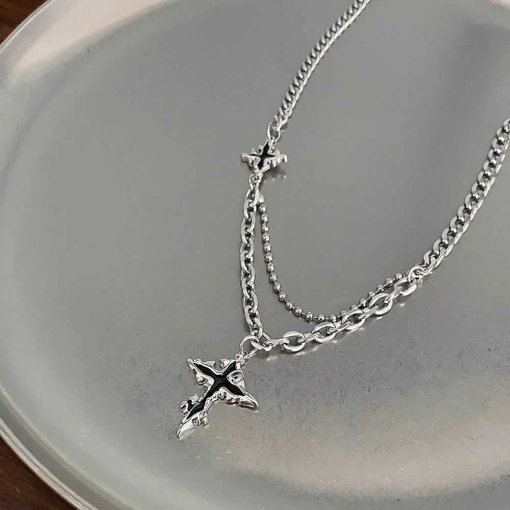 Punk Black Cross Necklace Mens Trend Titanium Steel Chain Sweater Pendant Hip Hop Jewelry Cool Accessories Y250329