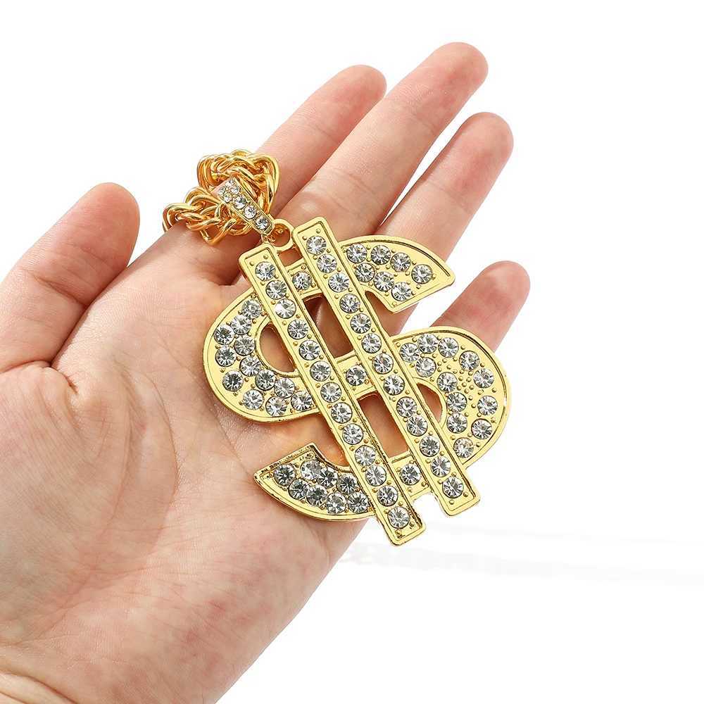 Hip Hop Rap Gold USD Pendant Necklace Luxury Rhinestone USD Currency Symbol Necklace Y250329