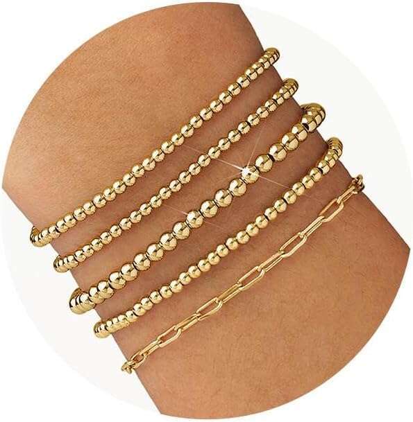 Beaded for Women 14K Plated Gold Stretch Bead Ball Bracelets Hypoallergenic Stackable Bracelet Set