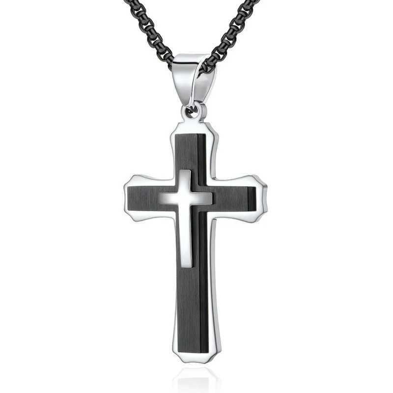 Creative Mens Double Stainless Steel Cross Necklace Hip Hop Necklace Mens Stainless Steel Jewelry Halloween Party Gift Y250329