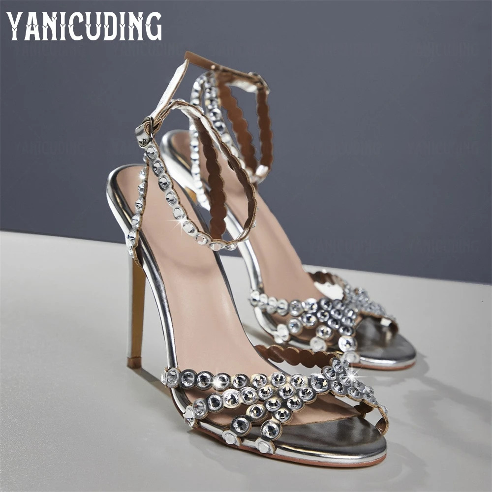 Crystal-Embellished Stiletto Sandals Rhinestone Ankle Strap High Heels Style Multicolor Pvc Leather Sandals 250328