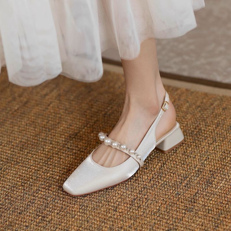 slippers Designer Coarse heeled sandals One word strap single shoe Baotou high heels Rear empty slipper Women External penetration