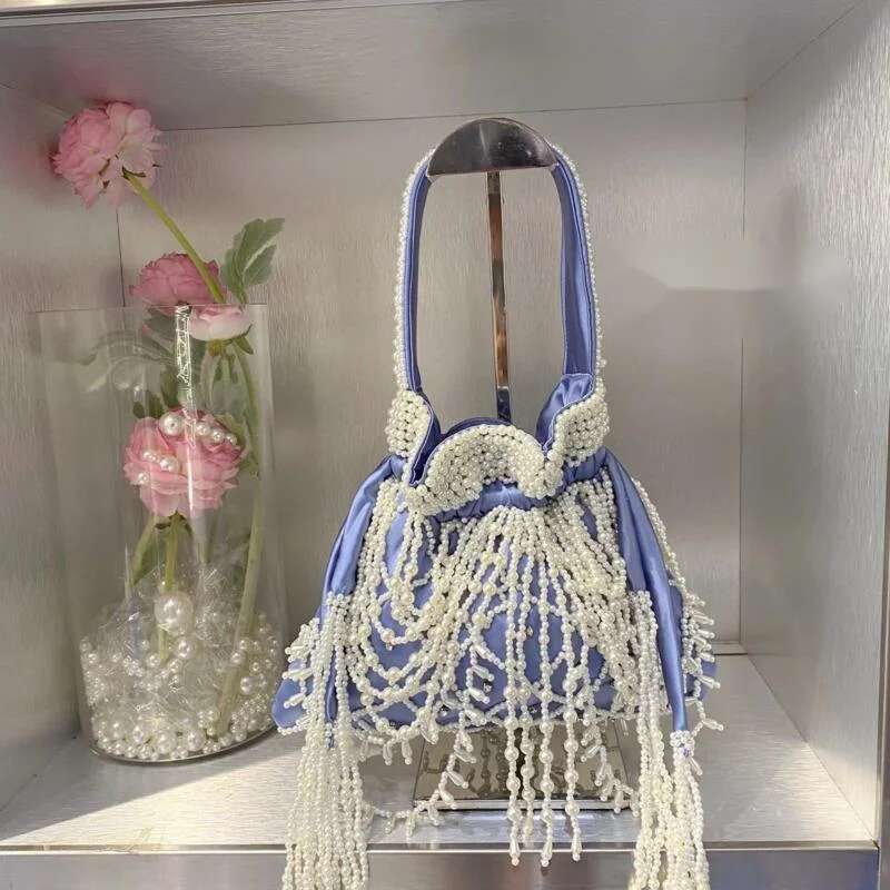 Elegant Women's High Quality Silk Pearl Sweet Bucket Handbag Dumpg Bag Banquet Evening Bags For Ladies
