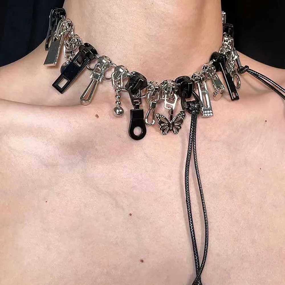 Cyber Punk Zipper Necklace Fringe Chain Y2k Hip Hop Choker Mens Wens Fashion Personty Jewelry AccoriesC250329