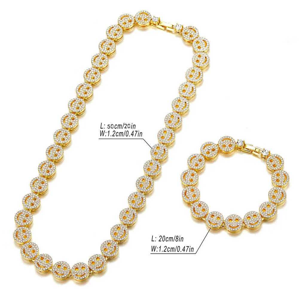 Mens Hip Hop Round Smile Tennis Chain Necklace Hip Hop Ice Sparkle 12mm Crystal Bracelet Set Fashion Charm Jewelry Y250329