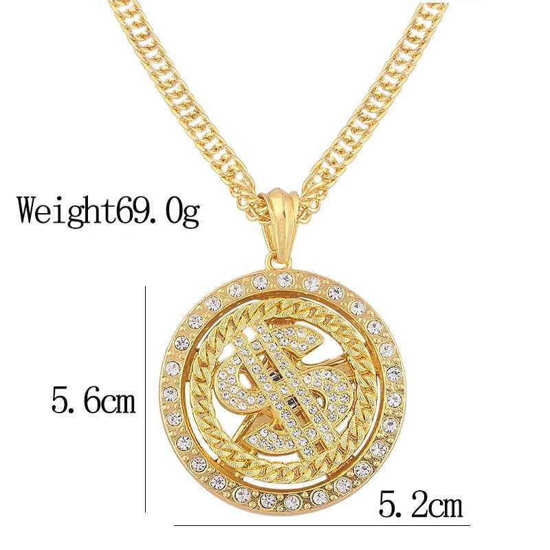 Large Rotating Dollar Coin Signature Pendant Necklace Mens Rap Singer Hip Hop Punk Long Chain Necklace Womens Statement Necklace Gift Y250329