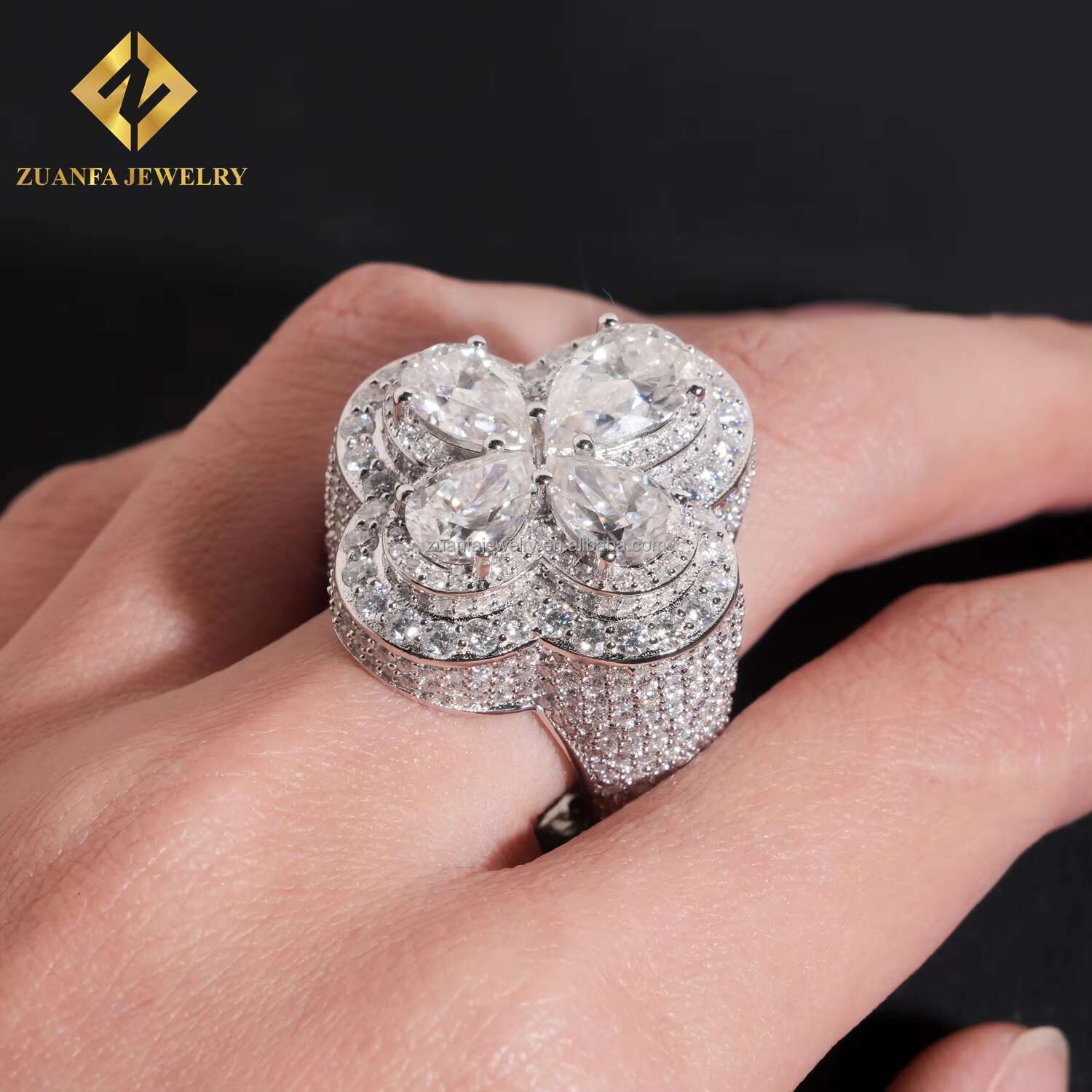 Pass Diamond Tester Stylish Style Rhodium Plated Luxury Iced Out Jewelry VVS1 Pear Moissanite Diamond Hip Hop Flower Ring Men
