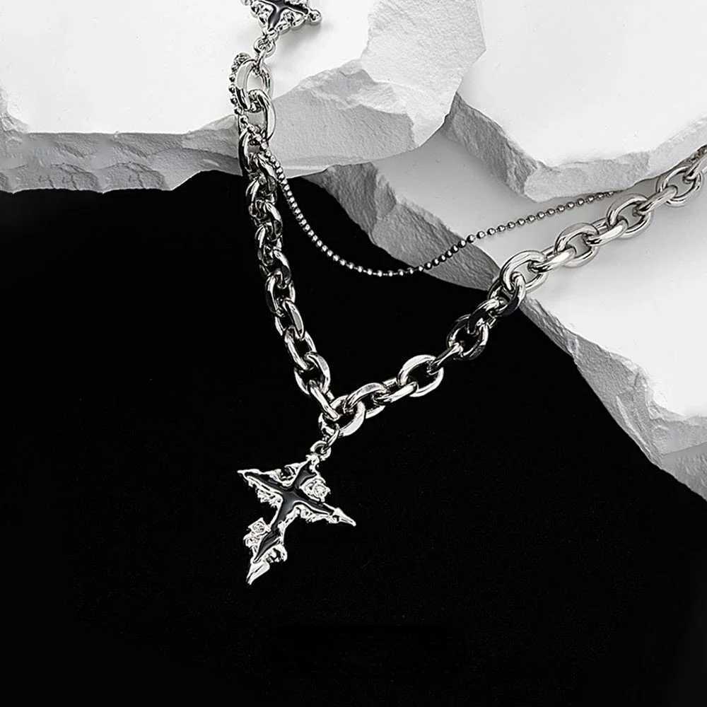 Punk Black Cross Necklace Mens Trend Titanium Steel Chain Sweater Pendant Hip Hop Jewelry Cool Accessories Y250329