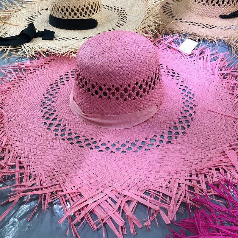 Big Brim Beach Hat For Wen Summer Seaside Raffia Straw Hat Travel Vacation Visor Sun Hat Wens Hat With Colored Raw Edges X250329