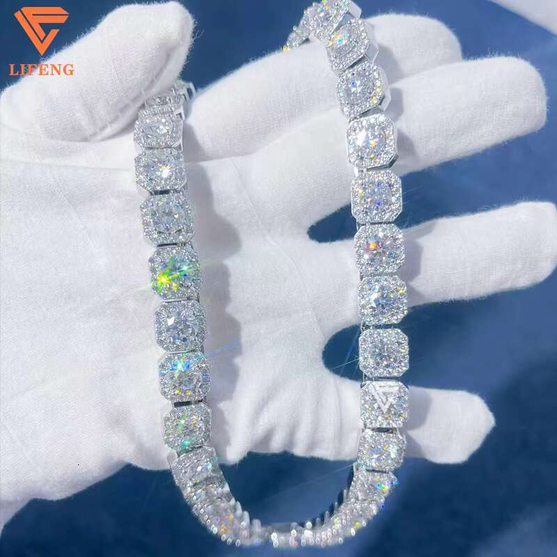 High Quality Moissanite Square Tennis Chain 10mm 925 Sterling Silver Pass Diamond Tester D VVS Moissanite Women Men Necklace