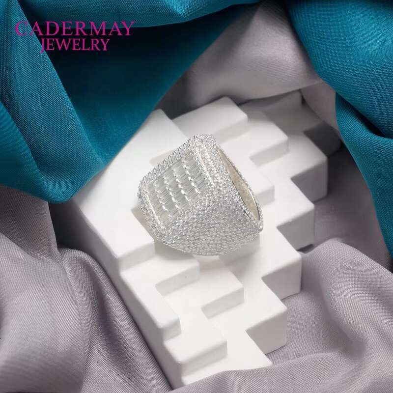 Cadermay Custom Hip Hop Baguette and Round Shape Moissanite D VVS1 Cuban Silver925 Man Rings Band