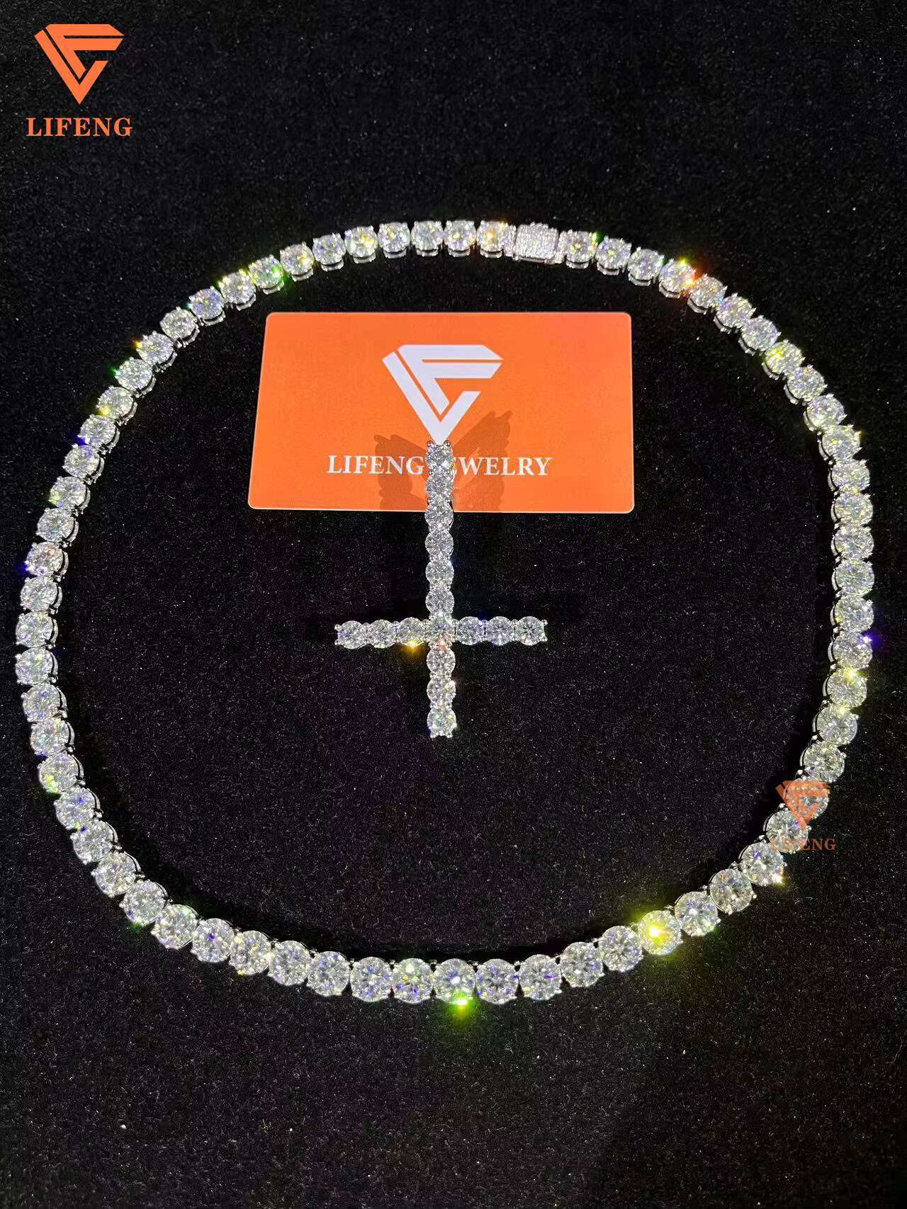 Lifeng Jewelry Ice Out Hiphop Tennis Chain Necklace 8mm VVS Moissanite Sterling Silver Diamond Bling White Gold Necklace