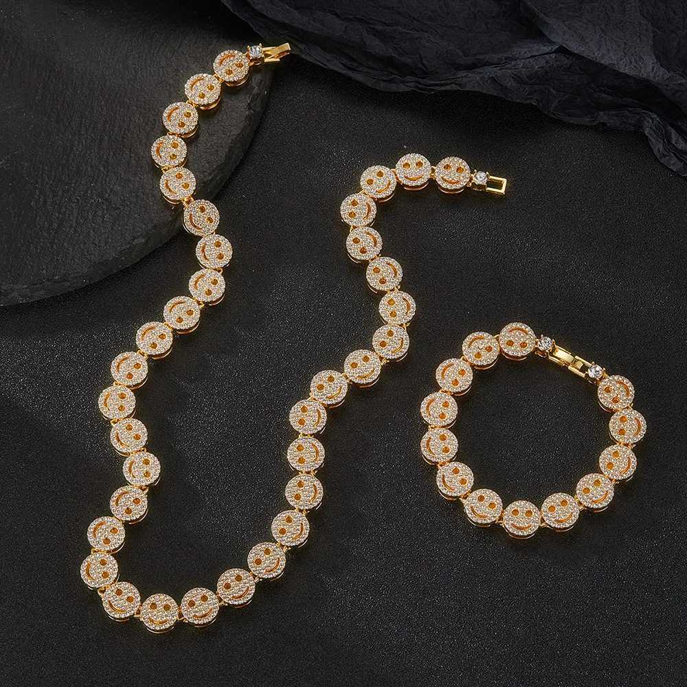 Mens Hip Hop Round Smile Tennis Chain Necklace Hip Hop Ice Sparkle 12mm Crystal Bracelet Set Fashion Charm Jewelry Y250329