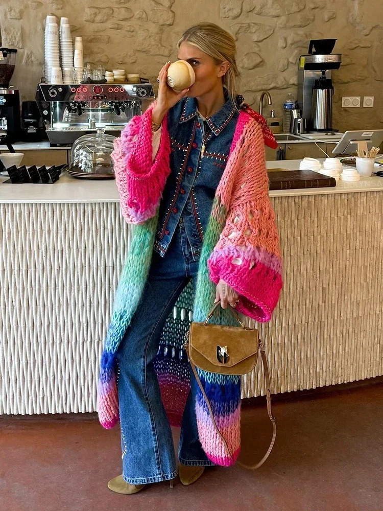 Bohemian color handmade knitted bell sleeve crochet loose kimono cardigan womens autumn and winter coat beach coat K12 250327