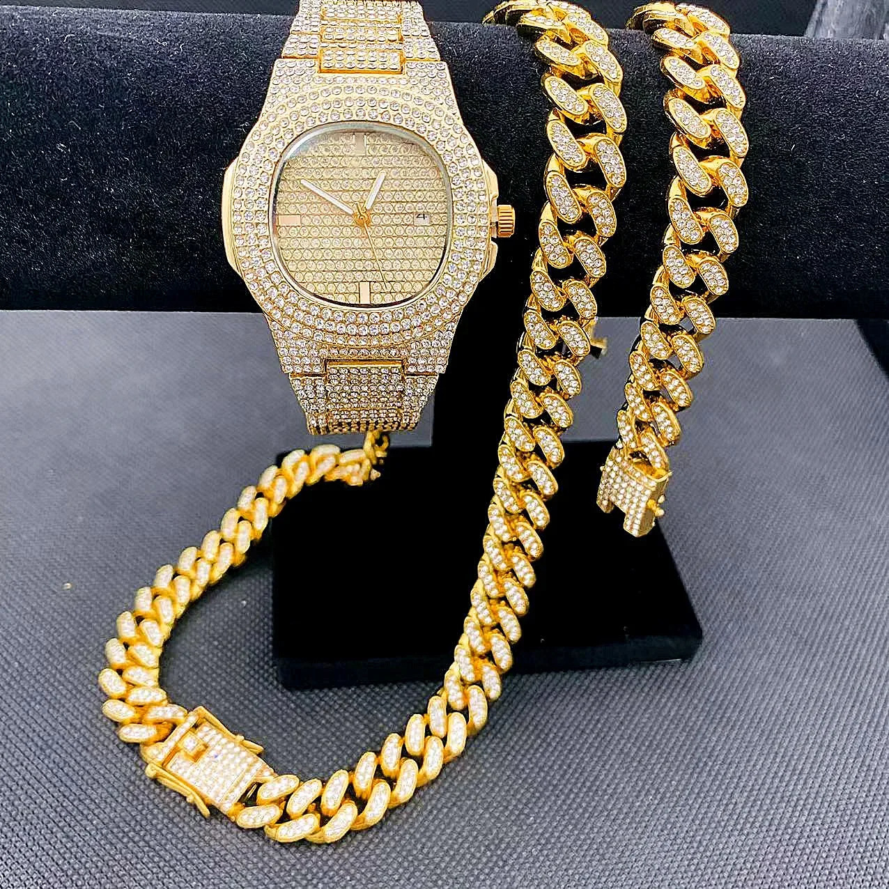 Iced Out Watch Necklace Bracelet Mens Hip Hop Jewelry Set Miama Cuban Link Chain Necklace Jewelry Blinked Out Golden Clock 250328