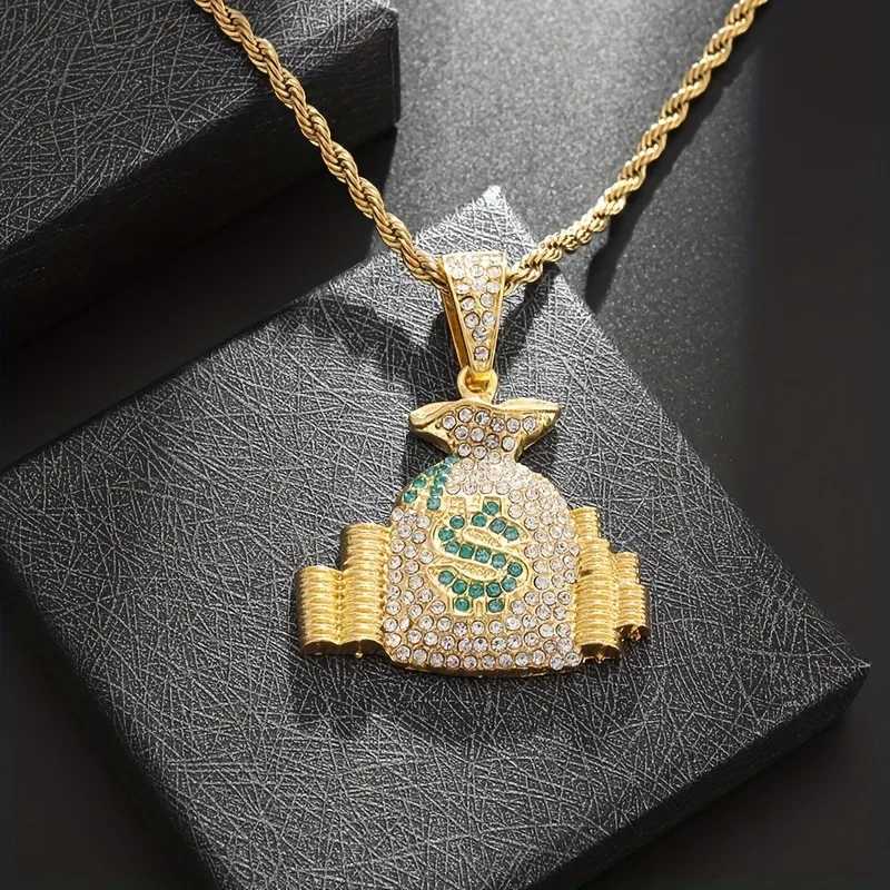 Hip hop punk money bag pendant necklace with rope chain sparkling cubic zirconia necklace cool mens rock bike jewelry gift Y250329