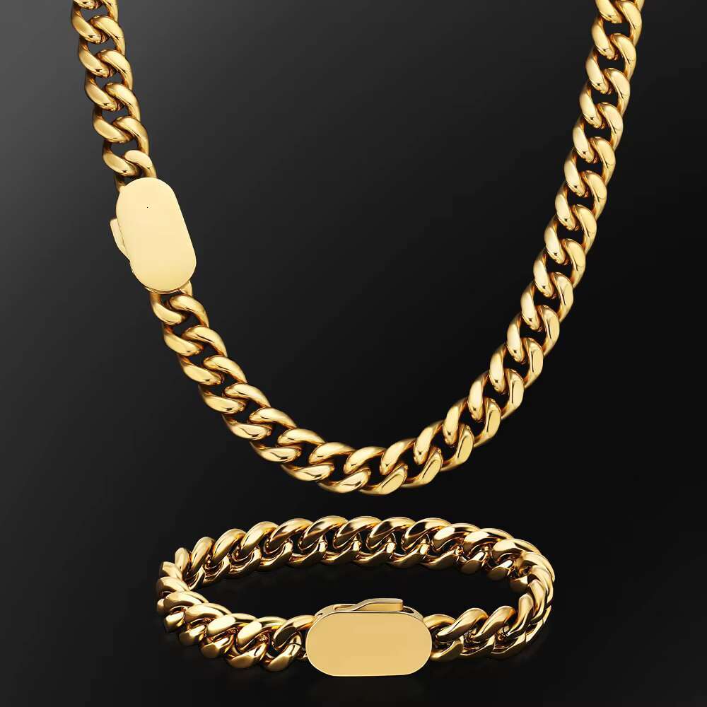 Carline Factory Price 12mm Hip Hop 18k Gold Plated Jewelry Stainless Steel Cuban Link Chain Gold Necklace Bracelet Set for Men