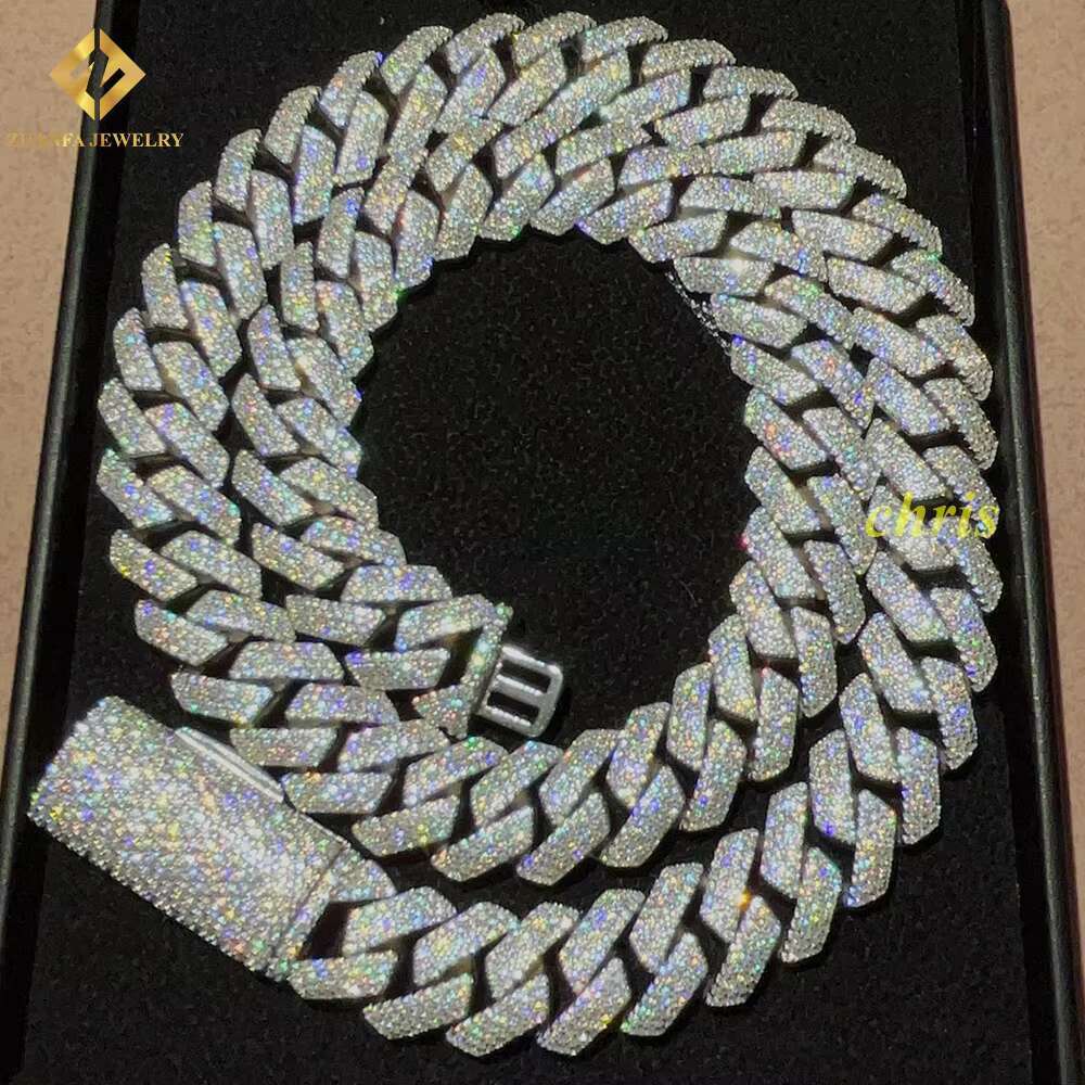 Fast Delivery 15mm 4 Rows Stone VVS Moissanite Iced Out Diamond 925 Cuban Link Chain