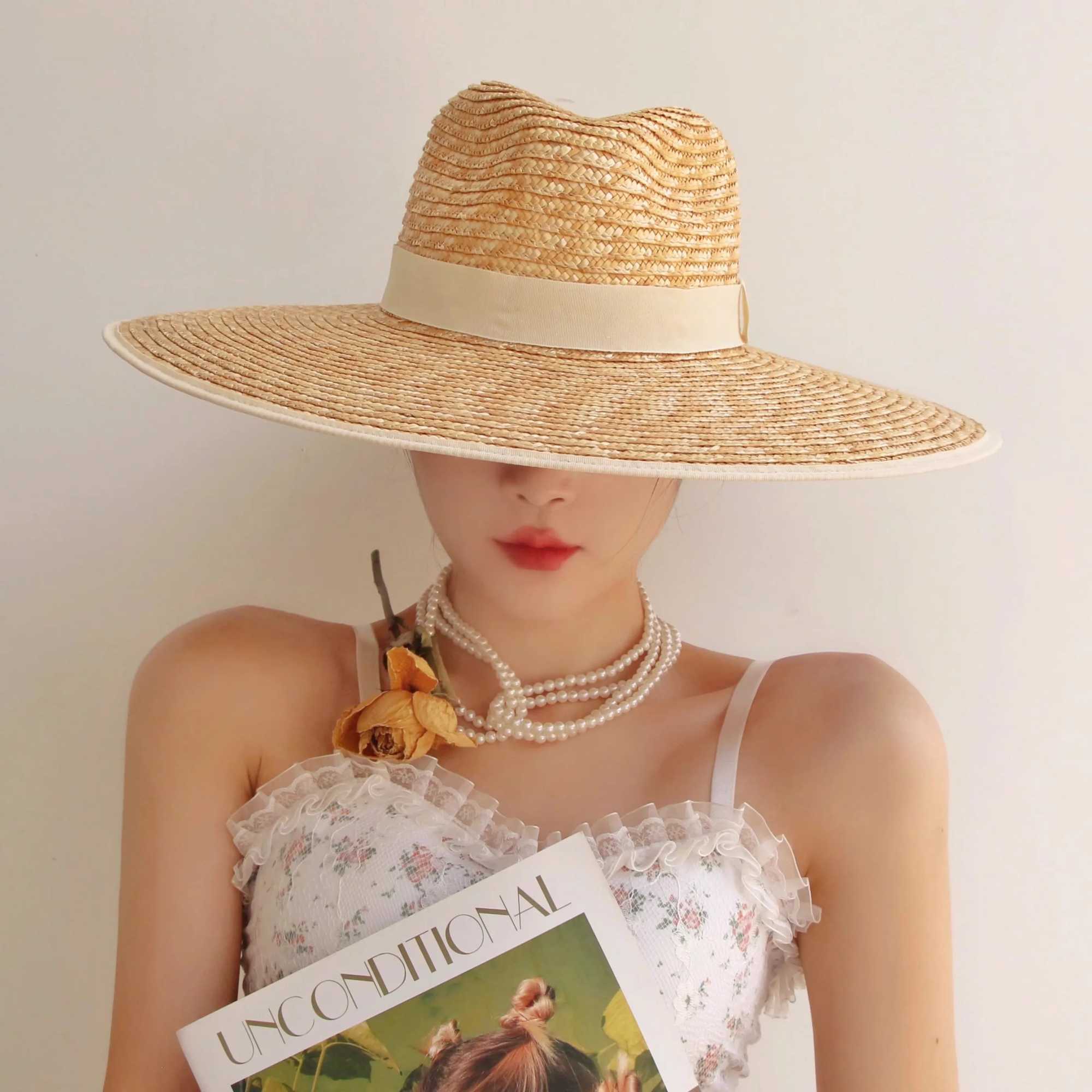 Summer straw hat with wide brim straw hat with straw bow edging for seaside travel sun hat sbreros para el sol X250329