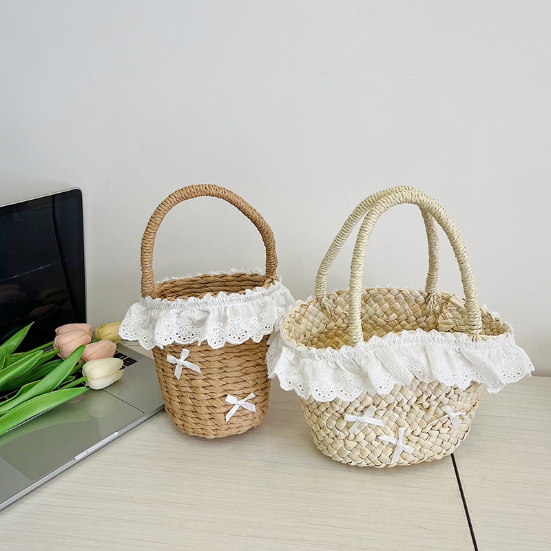 Children's bag Bow Cornhusk paper rope braided bucket bag Girls hand bag Holiday beach bag straw bag
