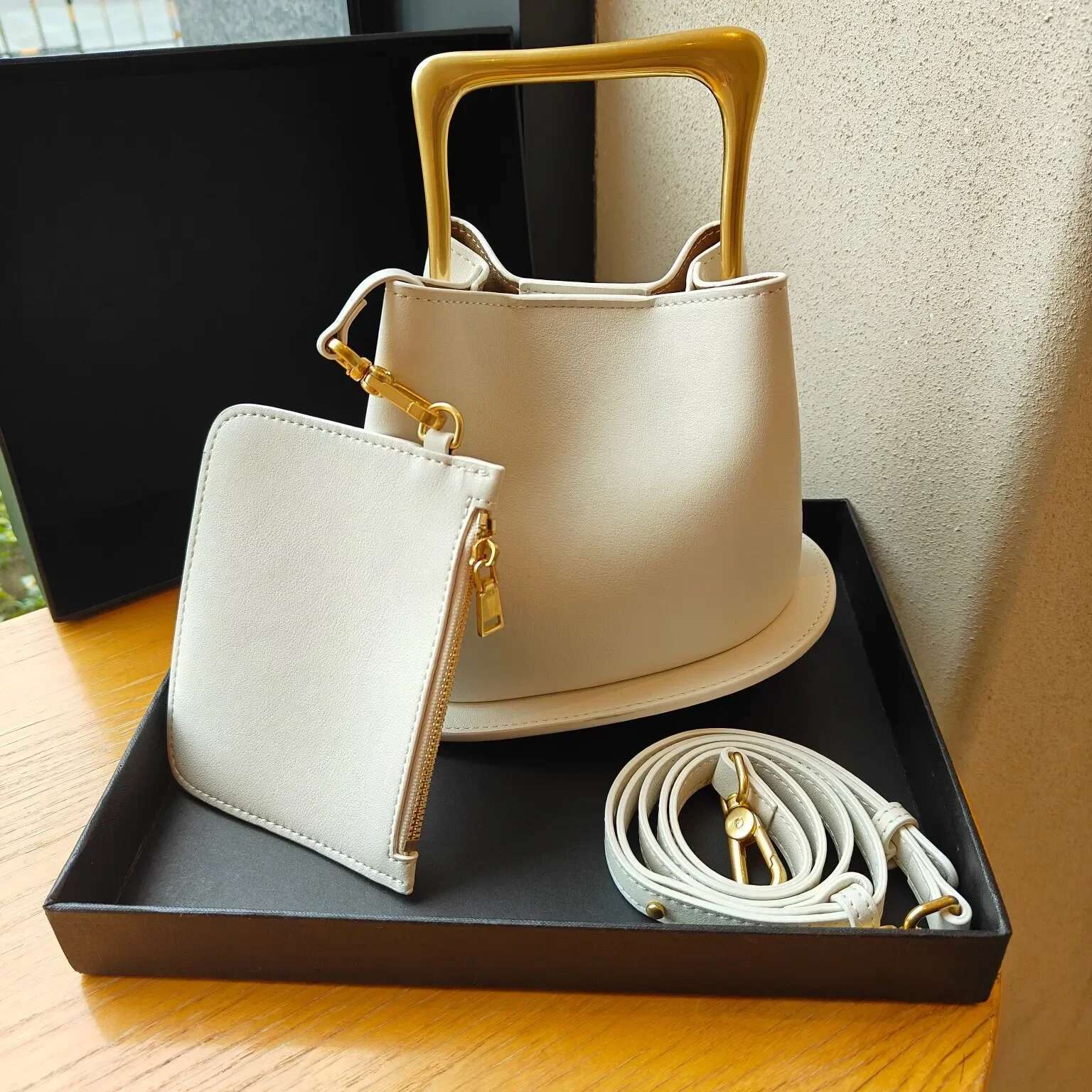 New Stylish High-End Bucket Tote Beige Color Plain Satin Cow Leather Women Handbag Metal Handle Female Crossbody Bag Small