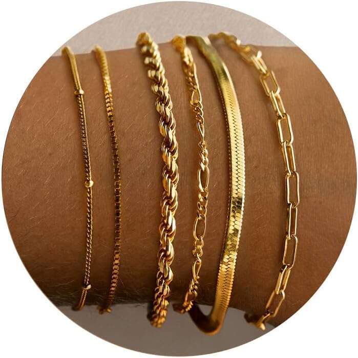14K Gold Bracelets Sets Dainty Herringbone Jewelry Stackable Figaro Paperclip k Chain Cute Anklet Bracelet Pack for Women