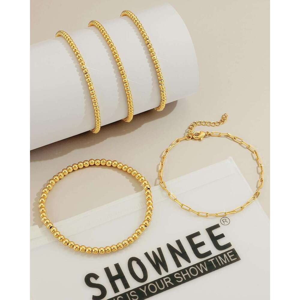 Beaded for Women 14K Plated Gold Stretch Bead Ball Bracelets Hypoallergenic Stackable Bracelet Set