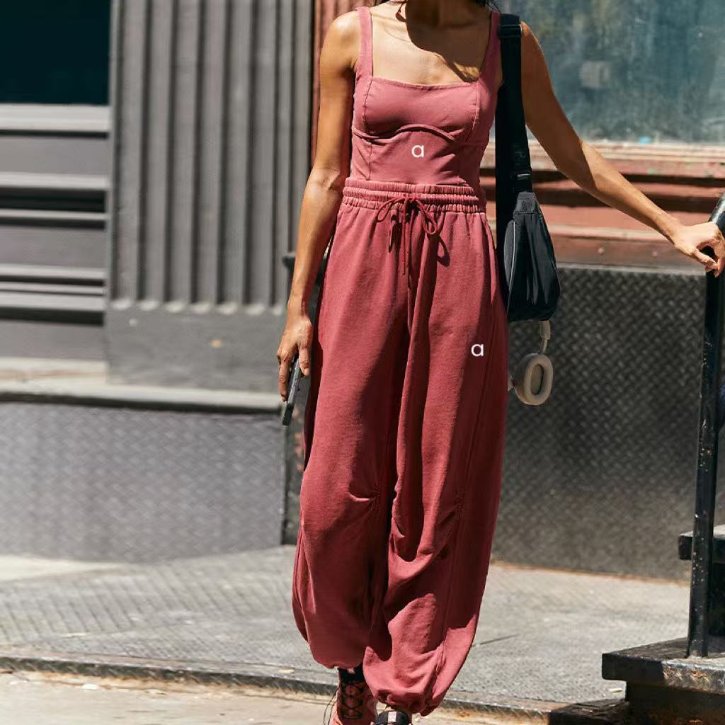 Women Yoga Suspender Trousers Set Overalls Pant Solid Color Sports Bra With Fitness QS24316C