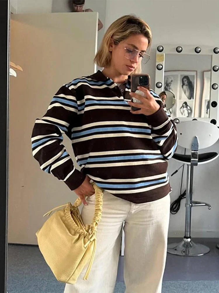 Striped Knitted Casual Womens T-shirt Top Long Sleeve Loose Polo Collar Street Female T-shirts 2025 Spring Ladies Pullover Tops250324