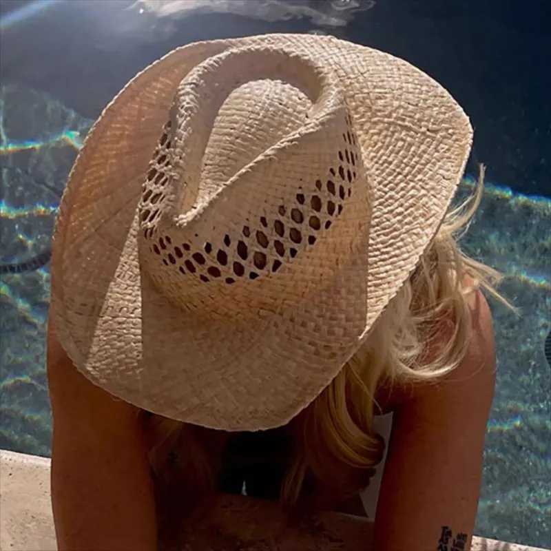 Hand Woven Raffia Hat Wen Summer Simple Western Cowboy Straw Hat Lady Ins California Girl Seaside Vacation Curled Brim Sun Hat X250329