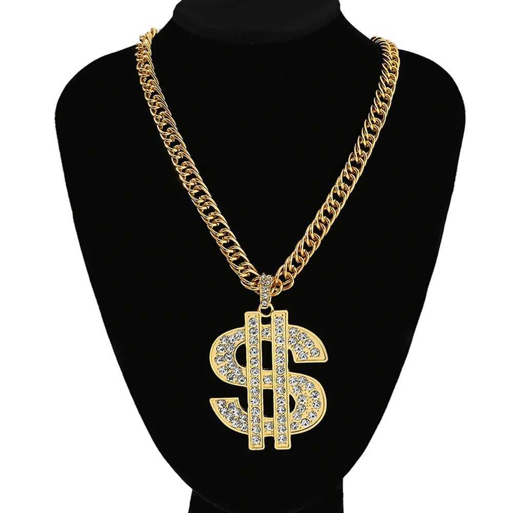 Hip Hop Rap Gold USD Pendant Necklace Luxury Rhinestone USD Currency Symbol Necklace Y250329
