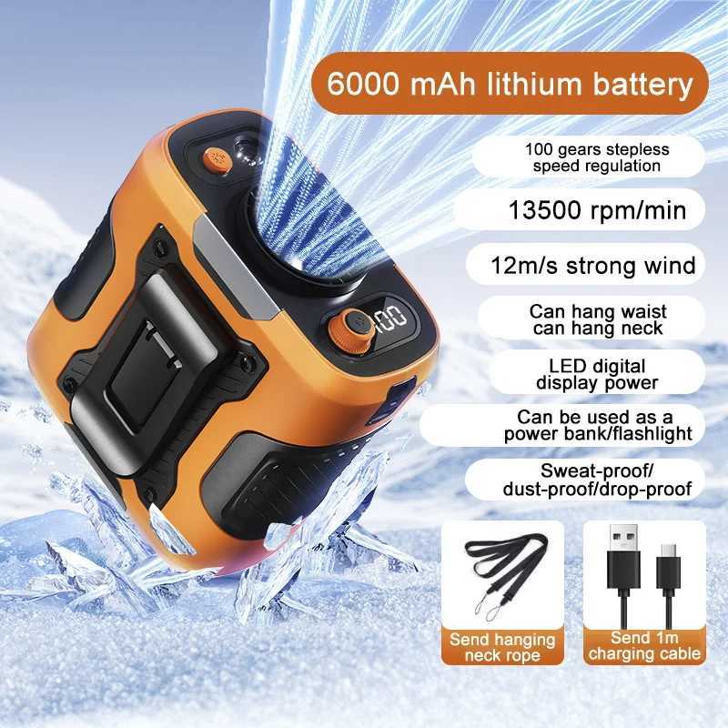 Portable infinitely variable waist fan with belt clip 100 level digital display 6000mAh outdoor activity high-speed fan X250329