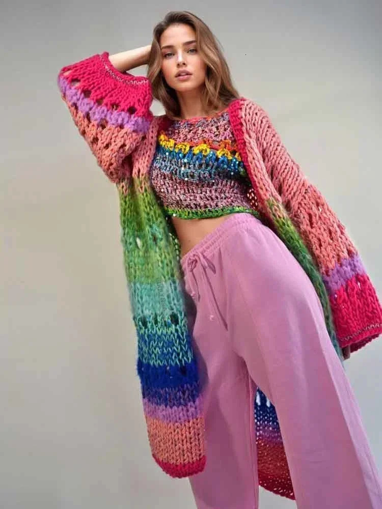 Bohemian color handmade knitted bell sleeve crochet loose kimono cardigan womens autumn and winter coat beach coat K12 250327