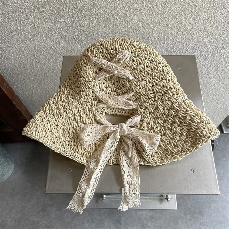 Straw Hat Womens Lace Bow Hollow Crochet Cap Summer Sunshade Sun Hat Fashion Foldable Beach Hat 250321
