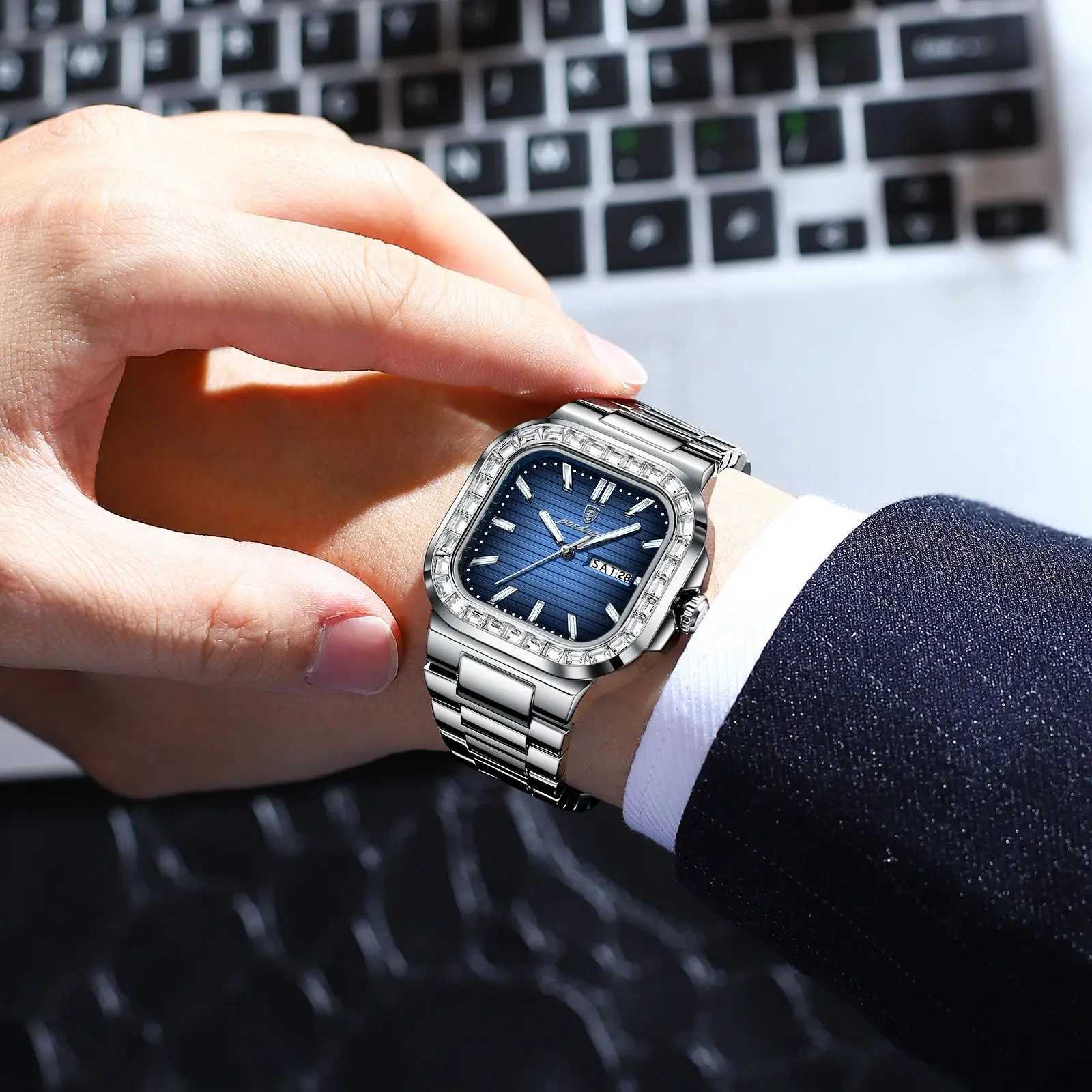Poedagar Top Brand Luxury Mens Waterproof Luminous Date Week Mens Wrist Stainless Steel Square Quartz Mens Watch W250329