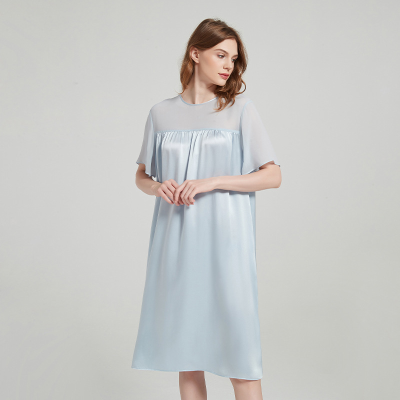 H82290 High qualityMulberry silk pajamas Georgette stitching round neck silk nightdress babydoll dress elegant ladies home wear