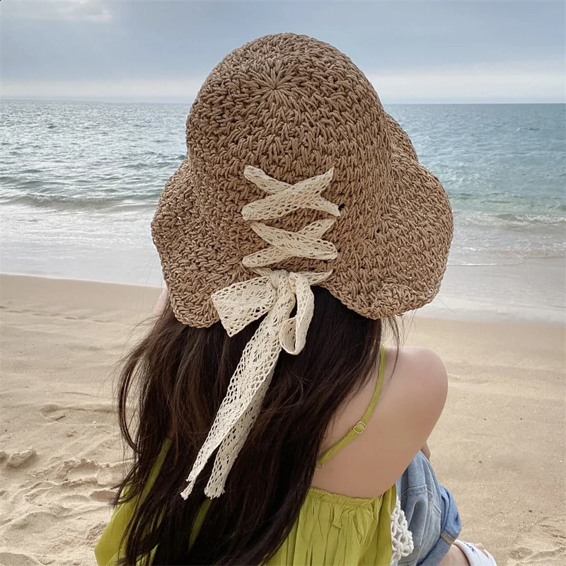 Straw Hat Womens Lace Bow Hollow Crochet Cap Summer Sunshade Sun Hat Fashion Foldable Beach Hat 250321