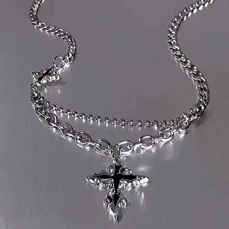 Hip hop punk long chain cross necklace mens punk double layered splicing chain necklace charm jewelry Halloween Y250329