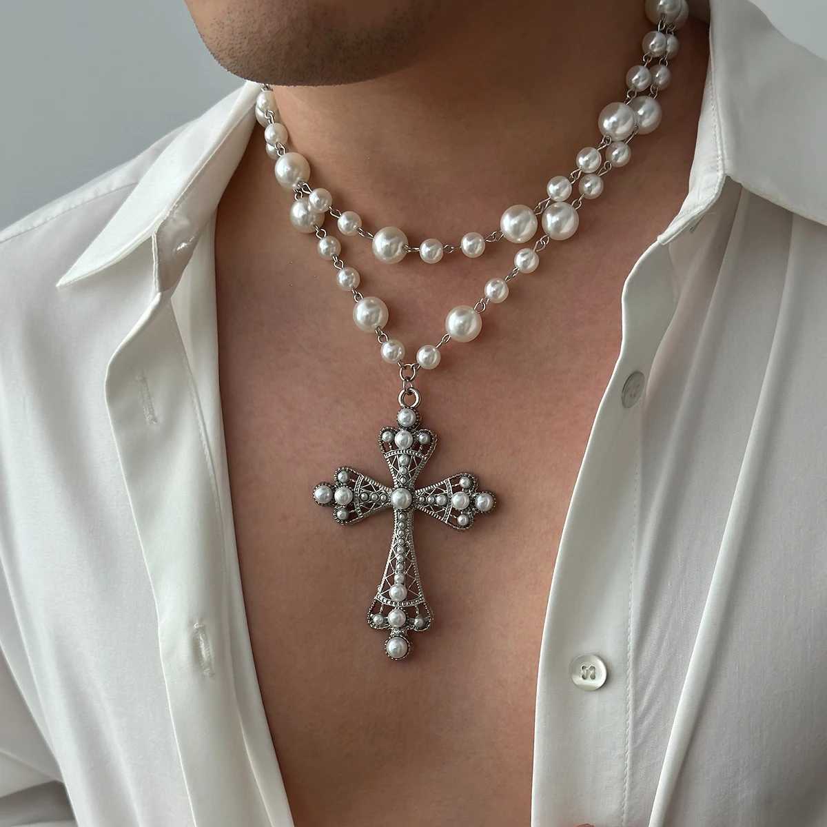 IngeSight. Z Charm Elegant Imitation Pearl Necklace Mens New Gothic Jesus Cross Pendant Necklace Mens Party Jewelry Y250329