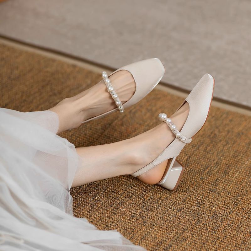 slippers Designer Coarse heeled sandals One word strap single shoe Baotou high heels Rear empty slipper Women External penetration