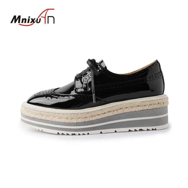 Classic Brogue Carved Patent Oxford Shoes Genuine Leather Wedge Heels Thick Bottom Women's Fashion Lace Up Spring Pumps