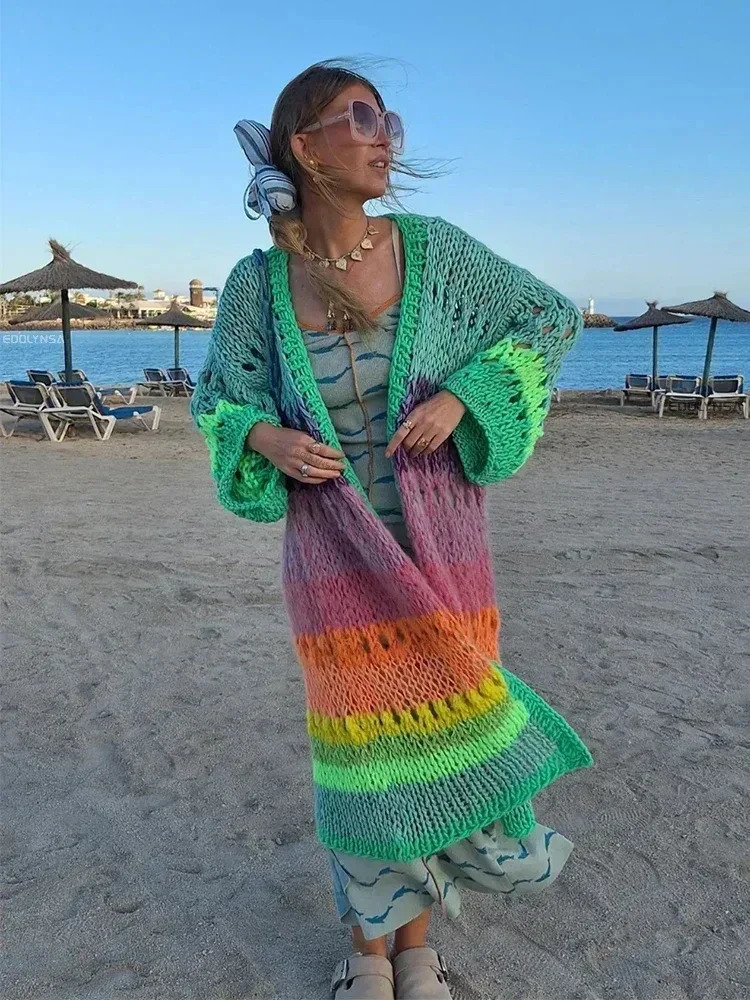 Bohemian color handmade knitted bell sleeve crochet loose kimono cardigan womens autumn and winter coat beach coat K12 250327