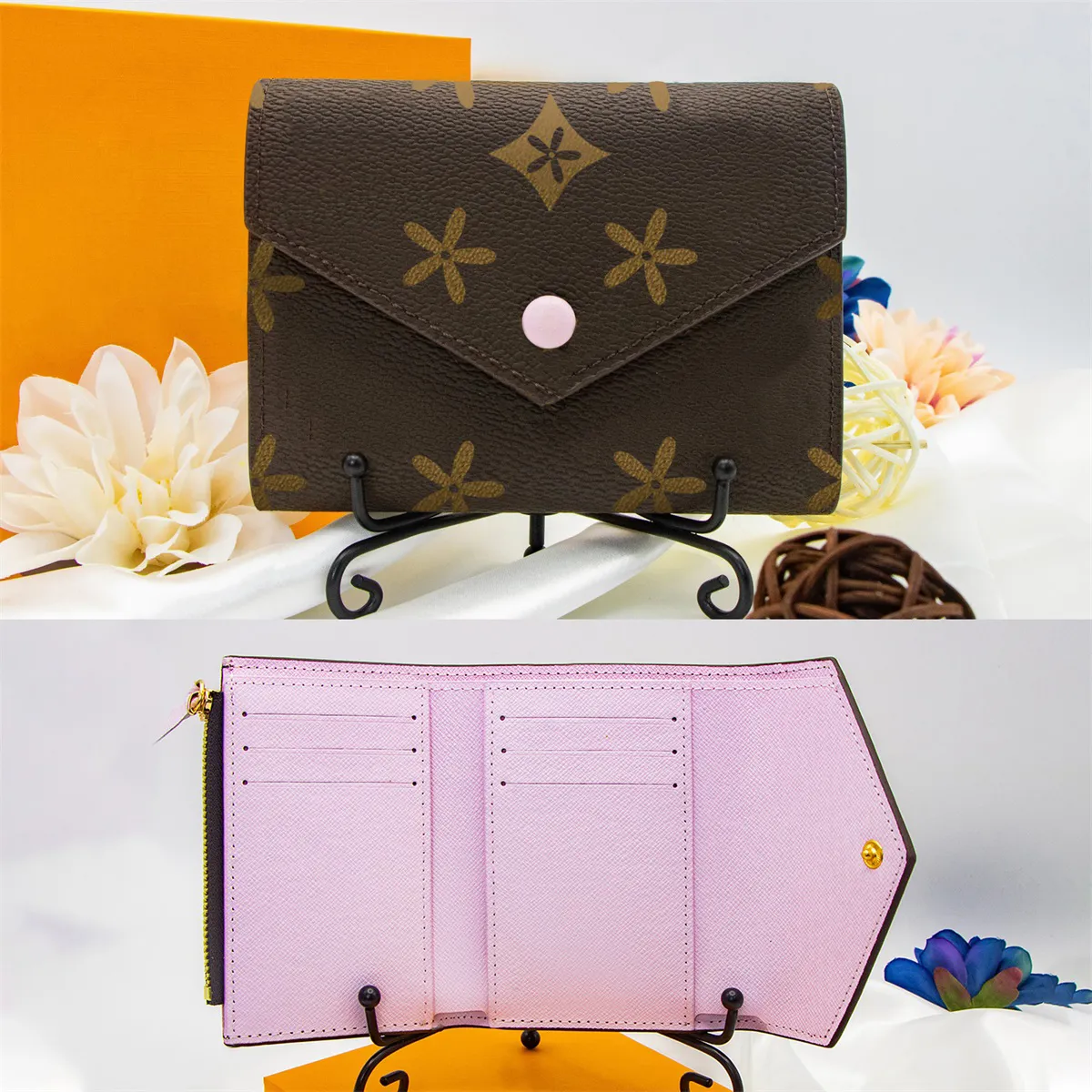 Designer Women Wallets Holders for women Coin Purse Small Wallet victorine Woman Card Holder Luxury Brown Flower Short Wallets Mini Wallets With Orange Box