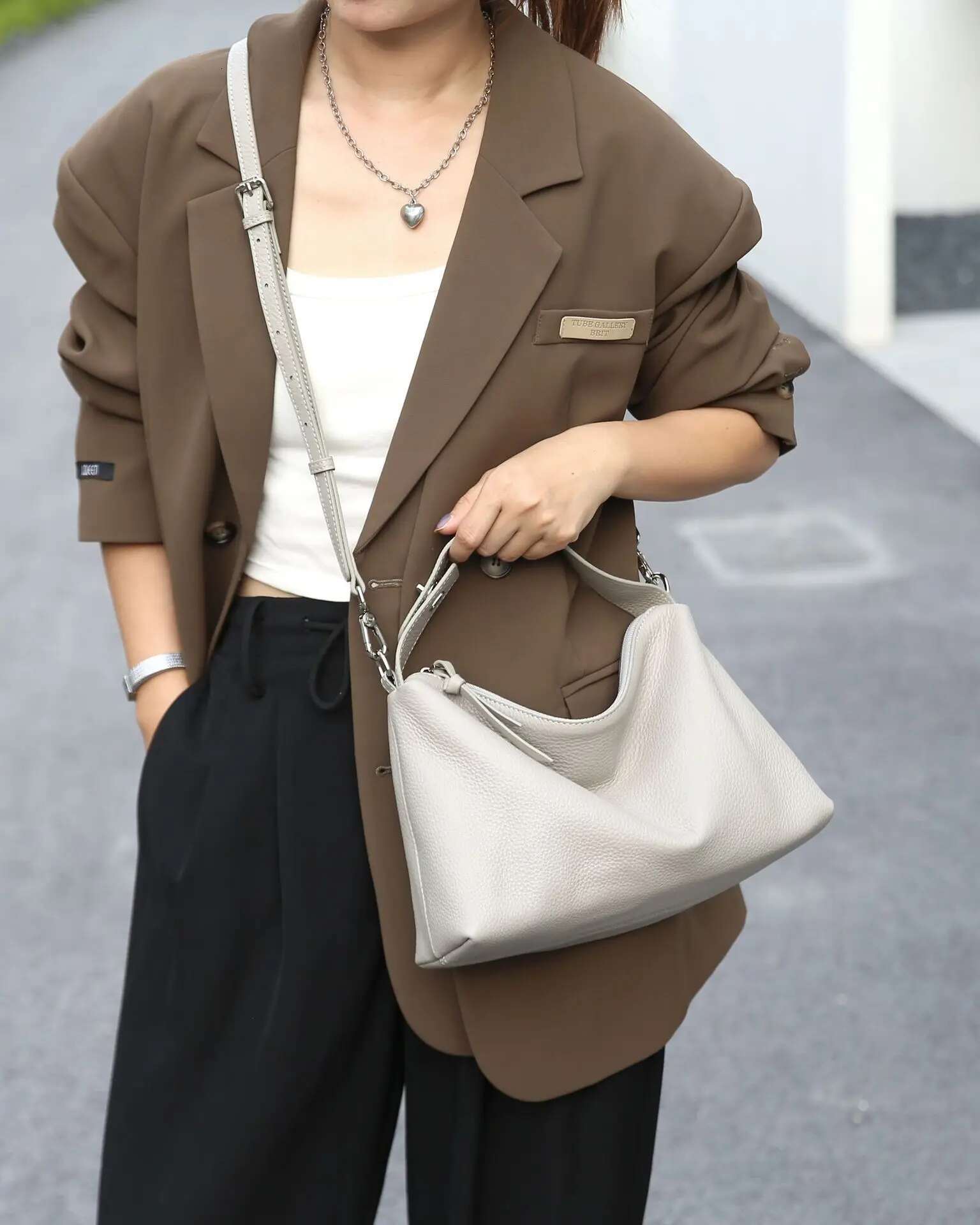 New Casual Large Capacity Soft Tote First Layer Cow Leather Women's Shoulder Bag Green Cowskin Half Moon Armpit Handbag