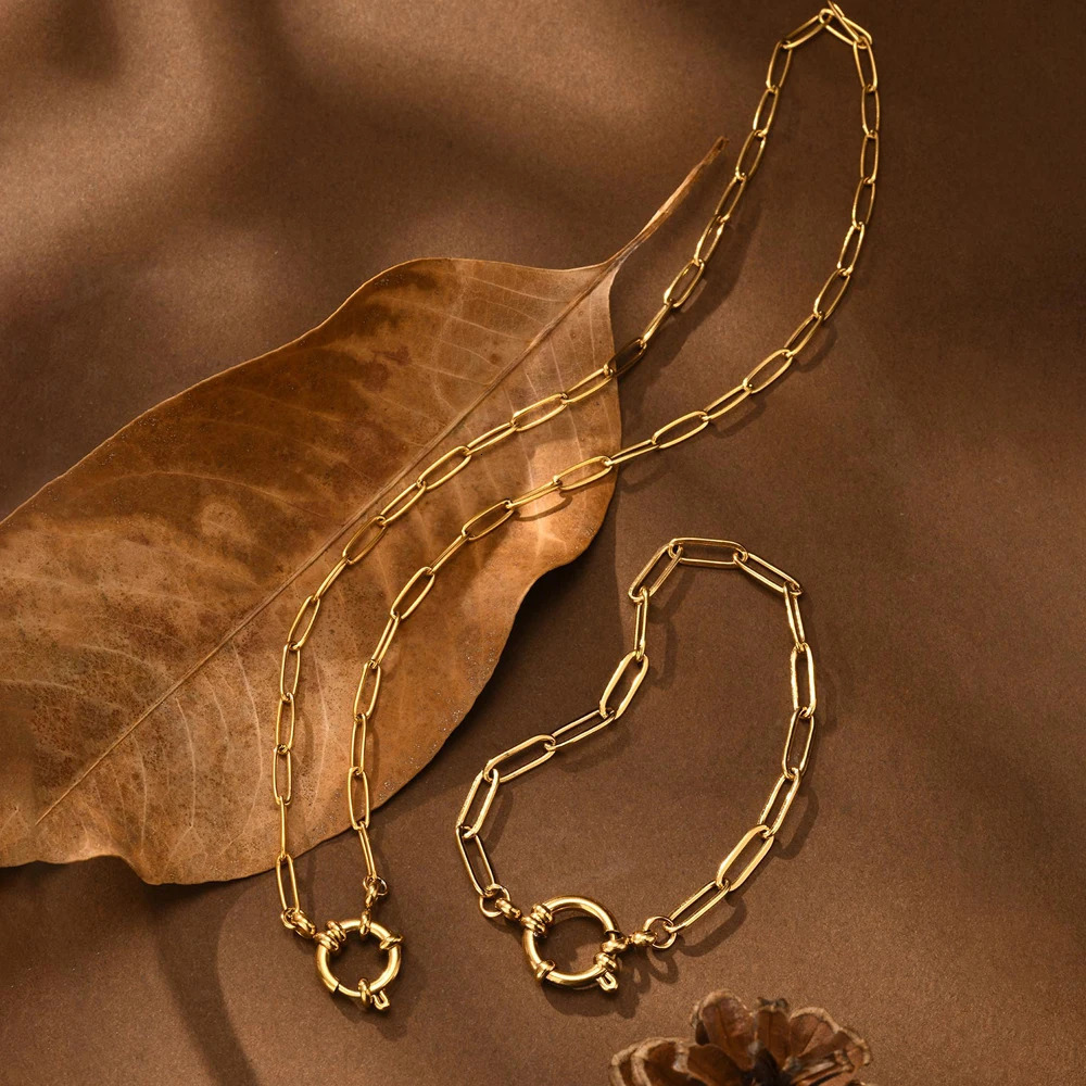 Paperclip Chain Necklace Womens Stainless Steel Spring Buckle Pendant Waterproof 18k Gold Plated Jewelry 250325